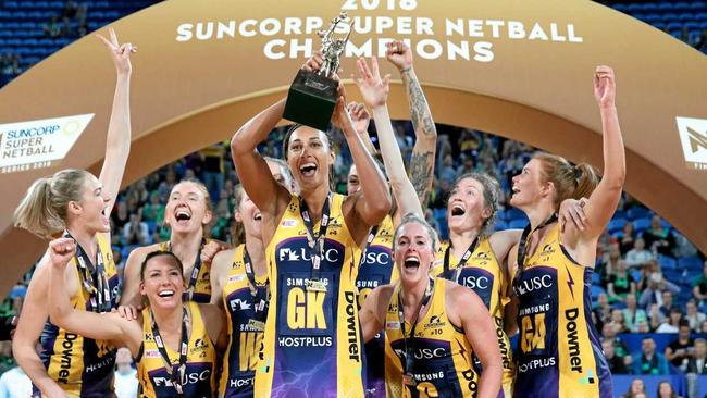 Lightning players celebrate winning the Super Netball Grand Final between the West Coast Fever and the Sunshine Coast Lightning at Perth Arena in Perth. Picture: RICHARD WAINWRIGHT