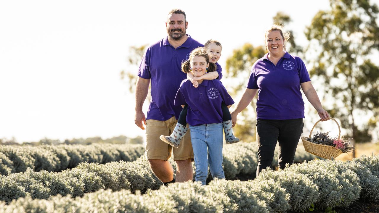 Windy Acres Farm owners Craig and Alicia Vohland, with kids Mia and Noah, are finalists in the Australian Rural Business Awards, Wednesday, June 22, 2022. Picture: Kevin Farmer