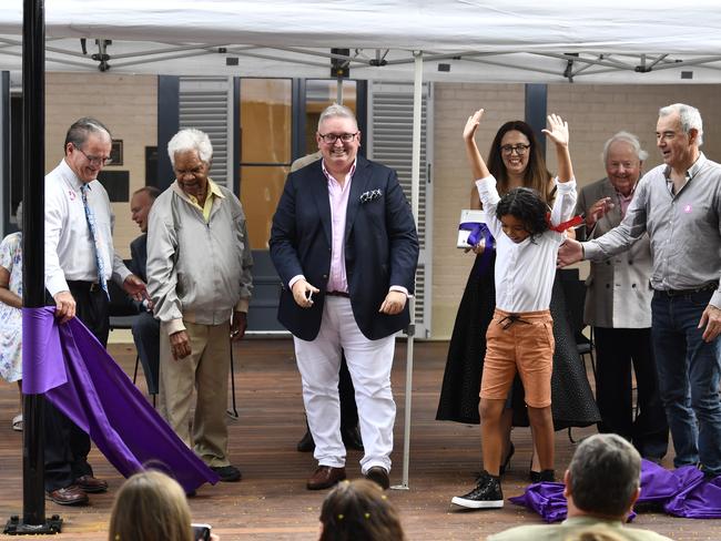 Hands in the air as Lennox Monaghan helps NSW minister for arts Don Harwin perfrom the official opening of the redevelopment of the Grafton Rregional Gallery .