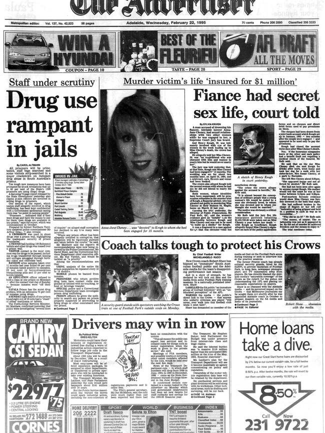 The Advertiser’s front page from February 22, 1995, featuring coverage of Henry Keogh’s murder trial.