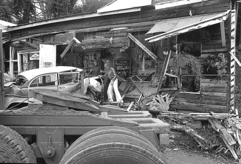 Historic: Toowooba: Accidents Semi-trailer crash at the Log Cabin Service Station on the Toowoomba Range in on 6th September,1978. Three men suffered minor injuries during the crash when the semi-trailer rolled taking out petrol bowsers. A car parked at the service station was also damaged. Photo: Bruce Mackenzie / The Chronicle Neg U869. Picture: Bruce Mackenzie