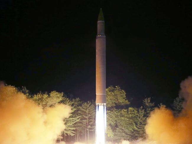 North Korea's intercontinental ballistic missile (ICBM), Hwasong-14 being launched at an undisclosed place in North Korea. Picture: AFP