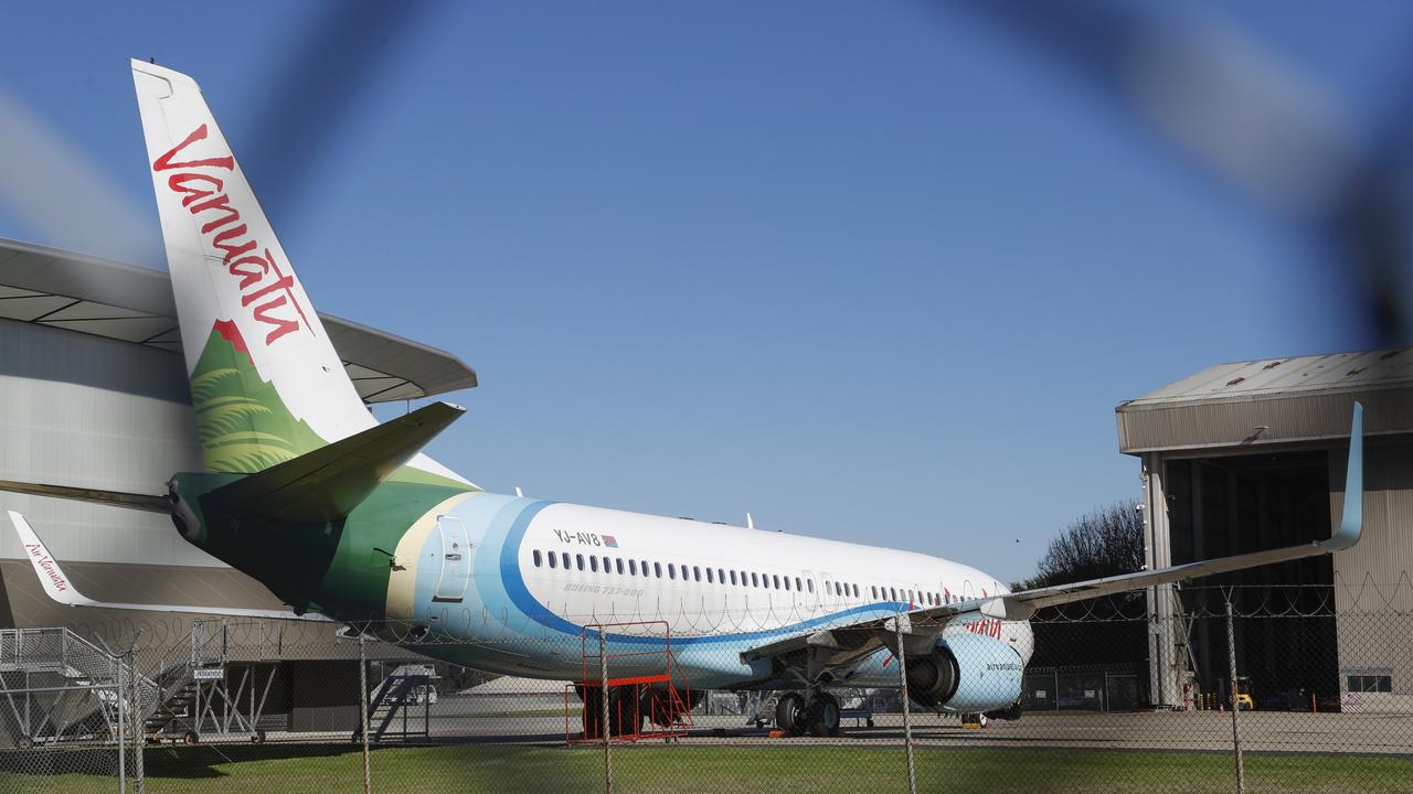 An Air Vanuatu plane sits grounded at the Melbourne Jet Base at Melbourne Airport. Picture: Media Mode/news.com.au