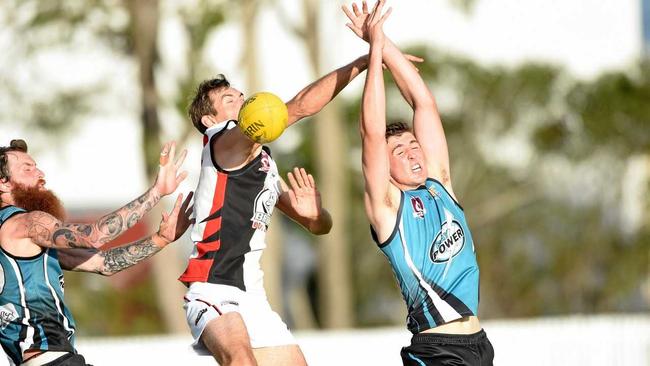 Wide Bay AFL - Brothers Bulldogs v Bay Power - Andrew Hartfield (Bulldogs) and Tom Miller (Power) leap for the ball earlier this season. Picture: Cody Fox