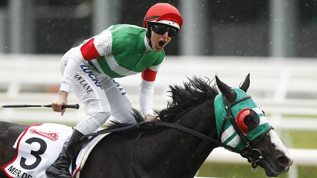 Damian Lane winning the Caulfield Cup on Mer De Glace, one of the first horses he rode in Japan. Picture: Getty Images