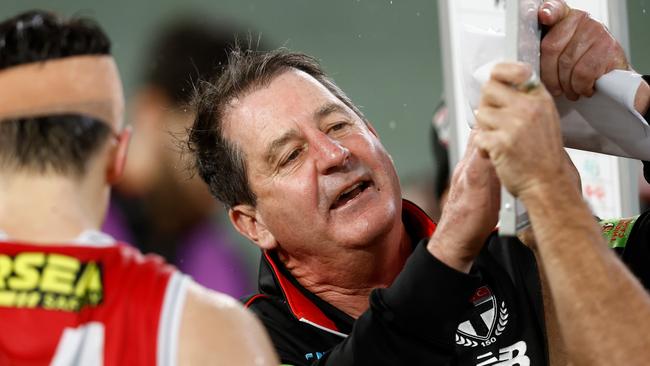 Ross Lyon instructs his charges against Richmond. Picture: Michael Willson/AFL Photos via Getty Images.