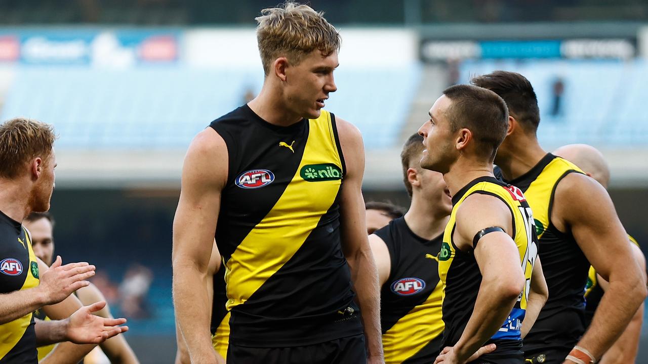 MELBOURNE, AUSTRALIA - MARCH 31: Tom Lynch of the Tigers (left) and Jayden Short of the Tigers chat afte the 2024 AFL Round 03 match between the Richmond Tigers and the Sydney Swans at the Melbourne Cricket Ground on March 31, 2024 in Melbourne, Australia. (Photo by Michael Willson/AFL Photos via Getty Images)