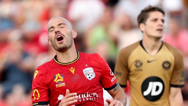 Adelaide United’s James Troisi reacts after a shot missed the target during the Reds 3-2 loss to Western Sydney Wanderers at Coopers Stadium on Friday. (AAP Image/James Elsby)