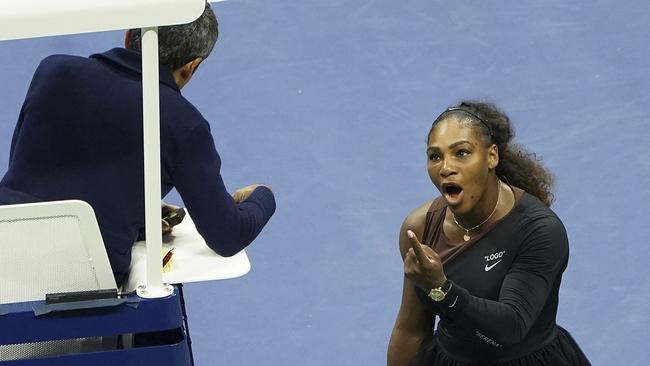 Serena Williams argues with the chair umpire during a match against Naomi Osaka, of Japan, during the women's finals of the U.S. Picture: AP.