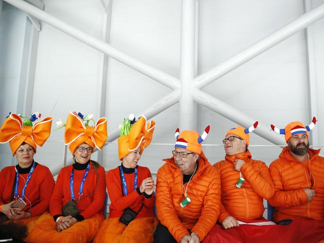 Spectators wear clothes in the colors of the Dutch Royal House of Orange as they wait for the start of the men’s 1,500 meters speedskating race at the Gangneung Oval at the 2018 Winter Olympics in Gangneung, South Korea, Tuesday, Feb. 13, 2018. Picture: AP