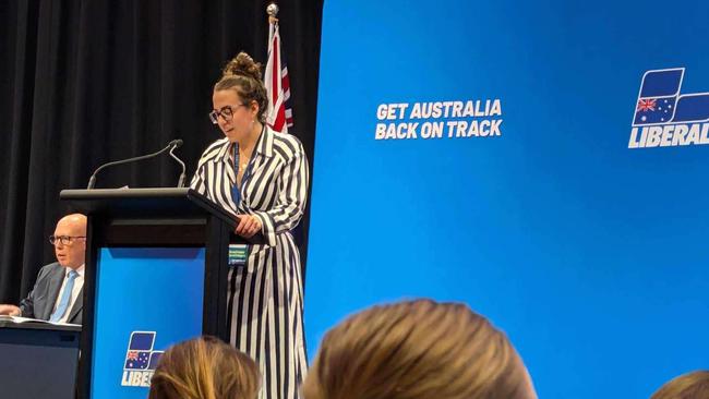 Evi Cacas speaking at the federal Liberal council in Sydney alongside Opposition Leader Peter Dutton. Picture: Supplied