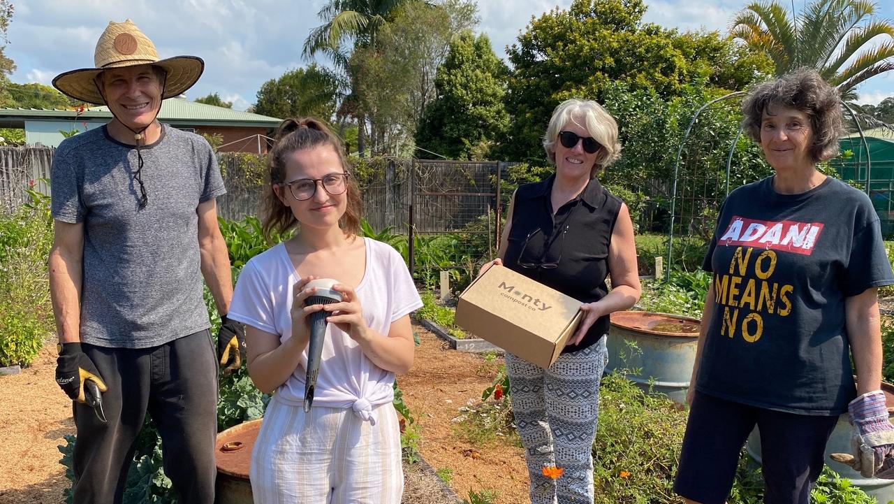 Chris Brown, Ashley Baxter, Latha Matters, Yana Zehr at the Cooroy Permaculture Gardens going full on composting with the Monty.