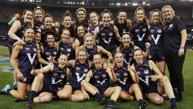 The victorious Victorian AFLW team after defeating the All-Stars. Picture: Michael Klein