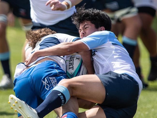 20th September 2022. News Local. SportDaceyville, Sydney, NSW, Australia.Pics by Julian Andrews.Rugby Union Action from the NSW Waratahs Under 18 2nd team v NSW Invitational U18 TeamPicture shows:WaratahÃs player(s): Hwi SharplesInvitational player(s):  John Ryan