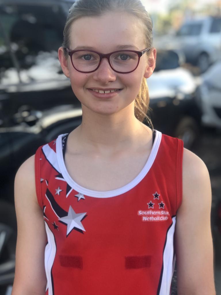 SA Little Legend Scarlett Todd, 11, Southern Stars loves playing netball. When her game was cancelled recently due to storms she still pulled on her uniform and even wore it to bed. Picture supplied.