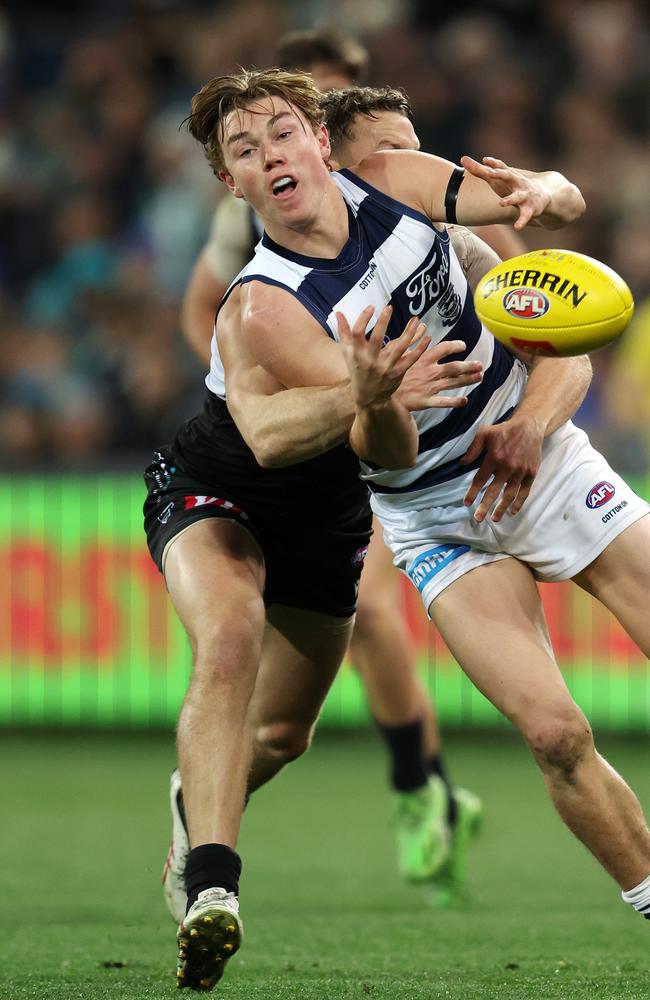 Tanner Bruhn also went down. Picture: Sarah Reed/AFL Photos via Getty Images