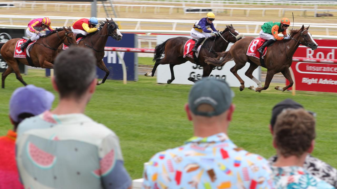 Race three winning horse Capricorn Star ridden by Jamie Mott out front. Picture: Mark Wilson.