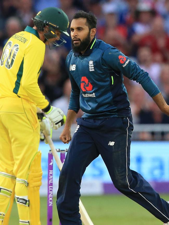 Adil Rashid celebrates after taking the wicket of Ashton Agar. Pic: AFP