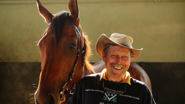 Trainer Ron Leemon with his Golden Rose winner Manawanui at his Warwick Farm stables in Sydney. Picture Brett Costello