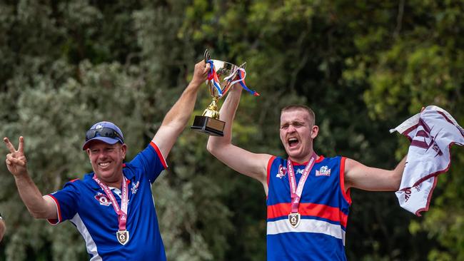 Riley King (right) kicked the match-winning goal on the siren for Moranbah in the under-17 grand final. Coach Lee Parker (left) heaped praise on the key forward and captain. Picture: Daniel McLean