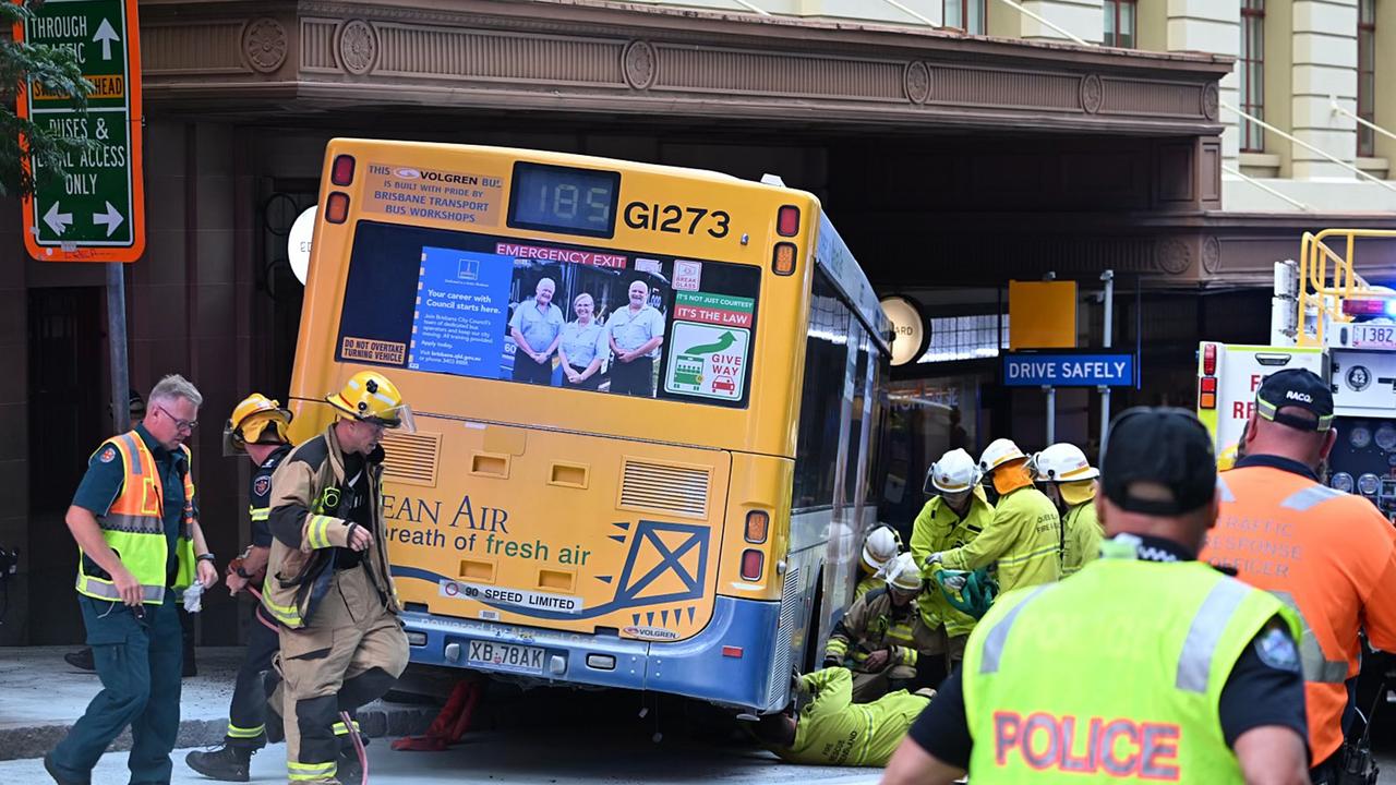 The bus mounted the kerb and pinned a woman against a wall. Photo: Lyndon Mechielsen.