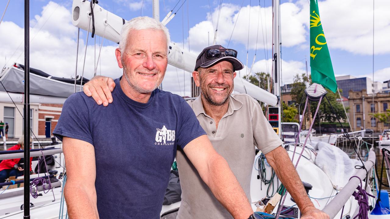 Tasmanian two hander John Saul and Rob Gough on Kraken 111 after completing the Sydney to Hobart yacht race. Pic: Linda Higginson