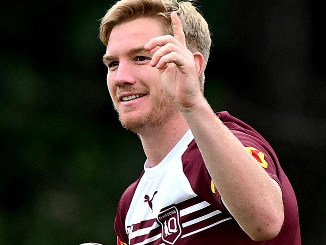 BRISBANE, AUSTRALIA - MAY 28: Tom Dearden during a Queensland Maroons State of Origin Training Session at Brisbane Broncos on May 28, 2024 in Brisbane, Australia. (Photo by Bradley Kanaris/Getty Images)