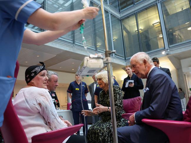 King Charles III and Queen Camilla meet with Lesley Woodbridge, a patient receiving the second round of chemotherapy for sarcoma. Picture: Suzanne Plunkett – WPA Pool/Getty Images