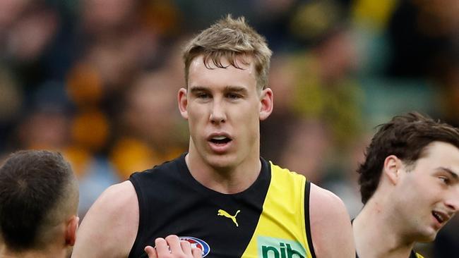 MELBOURNE, AUSTRALIA - AUGUST 14: Tom J. Lynch of the Tigers celebrates a goal during the 2022 AFL Round 22 match between the Richmond Tigers and the Hawthorn Hawks at the Melbourne Cricket Ground on August 14, 2022 in Melbourne, Australia. (Photo by Dylan Burns/AFL Photos via Getty Images)