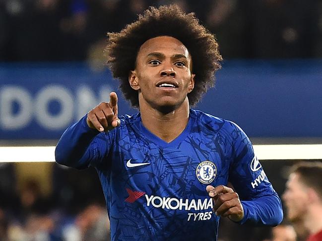 Chelsea's Brazilian midfielder Willian celebrates scoring the opening goalduring the English FA Cup fifth round football match between Chelsea and Liverpool at Stamford Bridge in London on March 3, 2020. (Photo by Glyn KIRK / AFP) / RESTRICTED TO EDITORIAL USE. No use with unauthorized audio, video, data, fixture lists, club/league logos or 'live' services. Online in-match use limited to 120 images. An additional 40 images may be used in extra time. No video emulation. Social media in-match use limited to 120 images. An additional 40 images may be used in extra time. No use in betting publications, games or single club/league/player publications. /