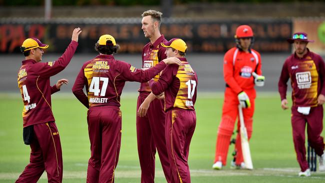 Billy Stanlake (C) celebrates the wicket of Redbacks batsman Callum Ferguson in the one-day competition. Picture: AAP