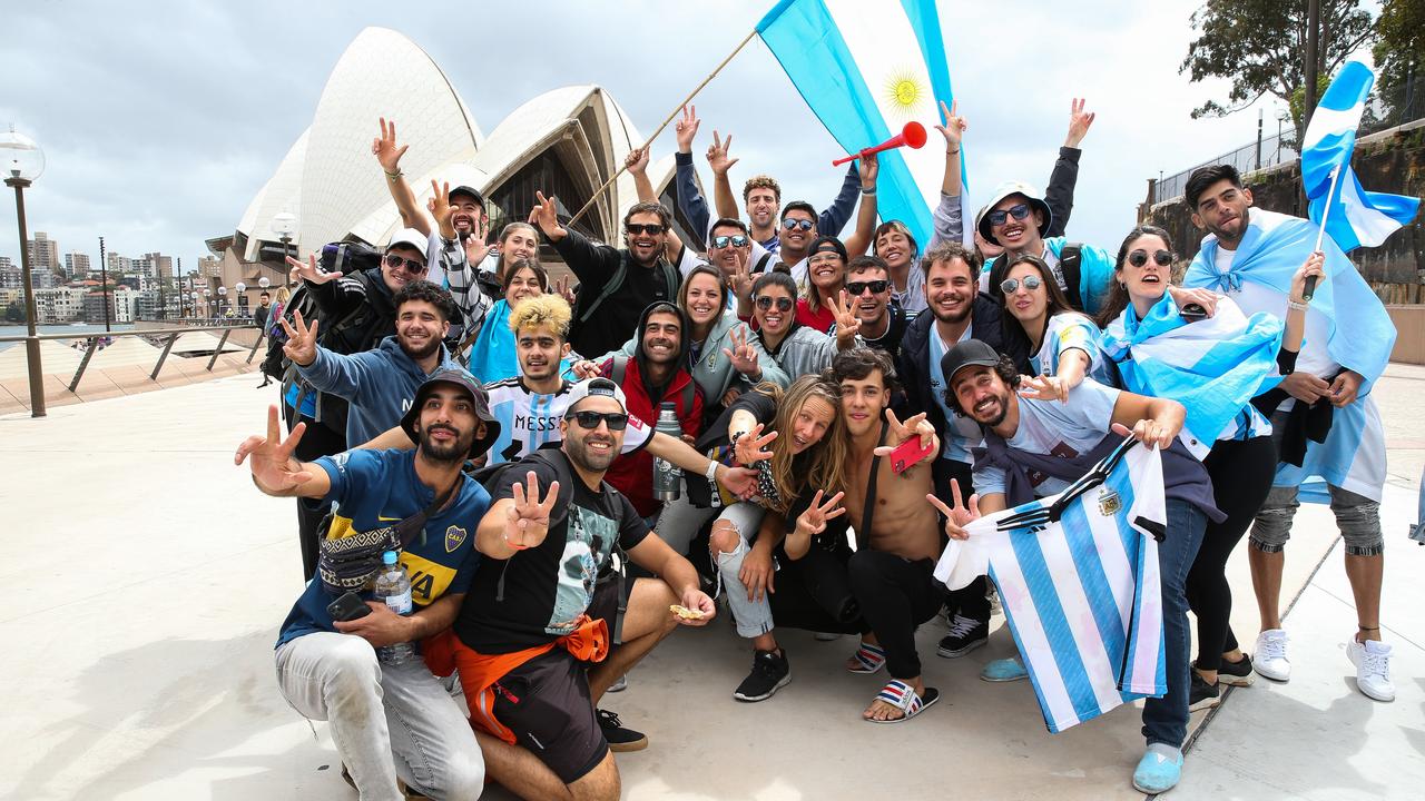 Argentinian fans celebrated on the steps of the Sydney Opera House after their World Cup victory. Photo: NCA NewsWire/Gaye Gerard