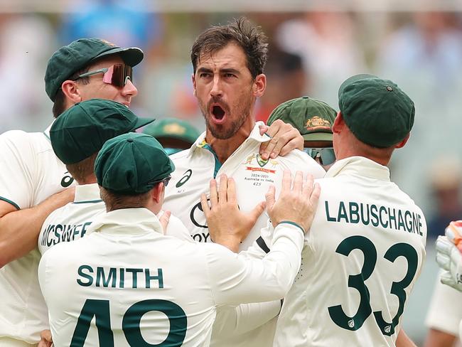 Mitchell Starc celebrates after dismissing Yashasvi Jaiswal with the first ball of the second Test. Picture: Getty Images