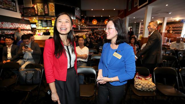 Now you’re speaking my language ... Labor’s Jennifer Yang, left, with Liberal Gladys Liu before Australia’s first Mandarin-language political debate. Picture: David Geraghty