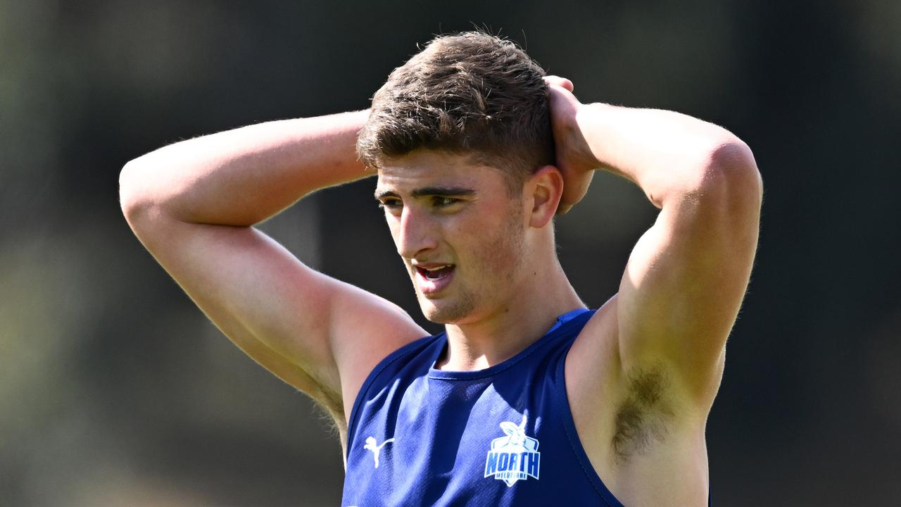 North Melbourne second-year star Harry Sheezel has returned from a recent overseas trip that included a study tour with coach Alastair Clarkson. Picture: Quinn Rooney / Getty Images