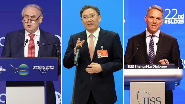 From left: Australian Trade Minister Don Farrell, Chinese Commerce Minister Wang Wentao, and Australian Defence Minister Richard Marles. Pictures: Geoffrey van der Hasselt/AFP; VCG/Getty Images; Yong Teck Lim/Getty Images