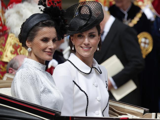 Queen Letizia of Spain and Catherine, Duchess of Cambridge, leave the Order of the Garter Service on June 17. Picture: Getty Images