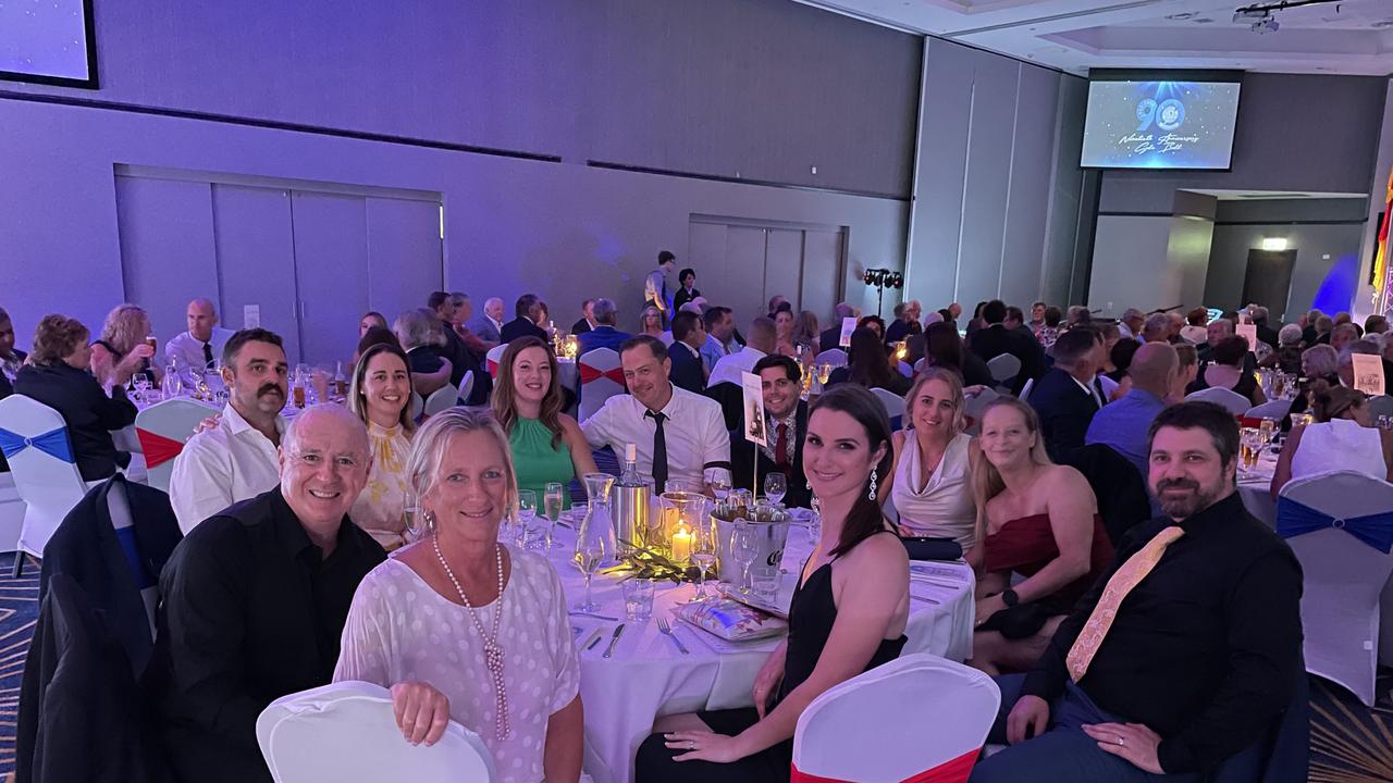 Nina Green, Peter Green, Brendan Hedges, Emma Hedges, Kirby Quin, Bede Hopkins, Duncan Wright, Katrina Mills, Kristy Whiteley, David and Madeline Lewis at the Metropolitan Caloundra Surf Life Saving Club 90th Anniversary Gala Ball.