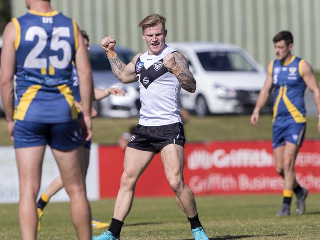 Mitch Johnson celebrates after kicking one of his five goals against Canberra Demons at Fankhauser Reserve on Saturday, August 4, 2018. Picture credit: TJ Yelds, NEAFL.