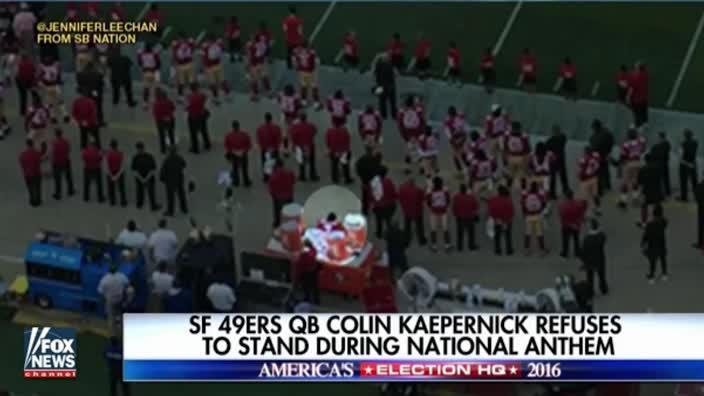 49ers quarterback Kaepernick refuses to stand for anthem in protest