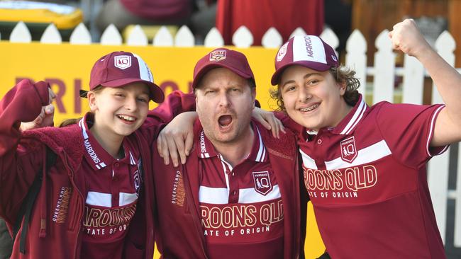 The Flinders Street Party brought the city alive for Origin. Michael Sams with Hollie, 12, and Hunter, 15. Picture: Evan Morgan