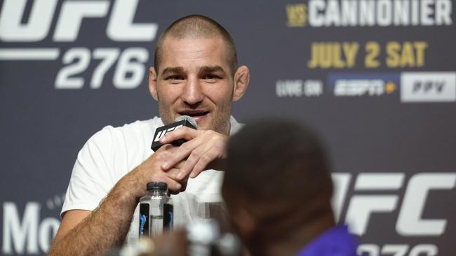 The moment the beef began, when Strickland started trash talking Adesanya at the UFC 276 press conference last year. Picture: Jeff Bottari/Zuffa LLC