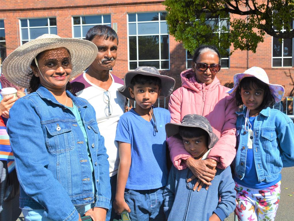 At the 2023 Grand Central Floral Parade are (from left) Etandi Mendis, Neil Mendis, Janiru Godewatta, Rehan Godewatta, Ajantha Mendis and Tenuji Godewatta. Picture: Rhylea Millar