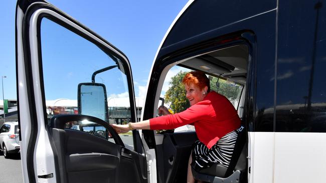 One Nation Leader Senator Pauline Hanson is seen boarding the Battler Bus earlier in the week. Picture: AAP/Darren England