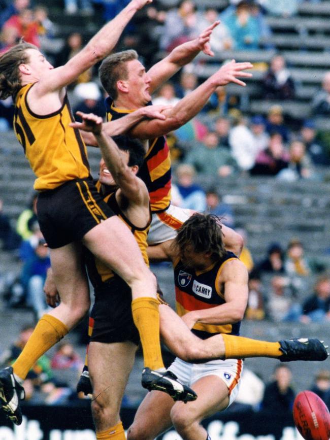 Greg Madigan playing for Hawthorn against Adelaide in 1993. Picture: Ray Titus