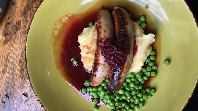 Housemade sausages, mash, beetroot, peas at Farmers Arms Hotel is a simple pleasure.