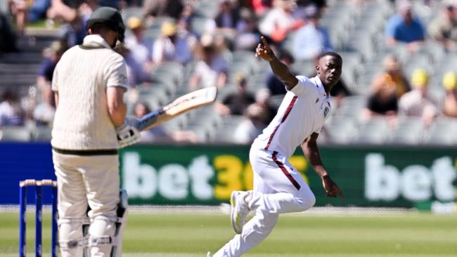 Shamar Joseph quickly ended Smith’s first innings as an opener. (Photo by Izhar KHAN / AFP)