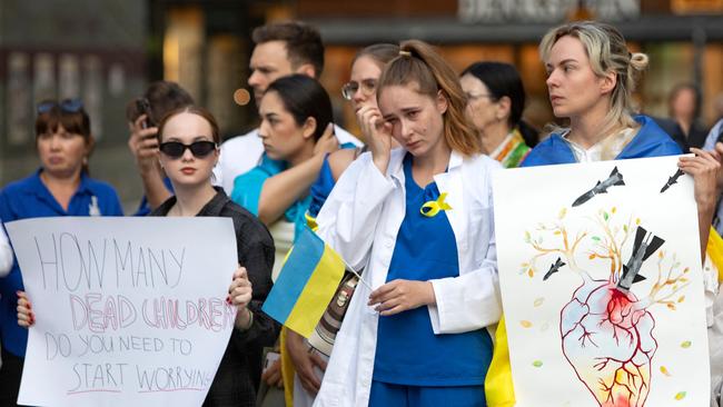 A protest in Vienna against the Russian shelling of Ohmatdyt Children's Hospital in Kyiv. Picture: AFP