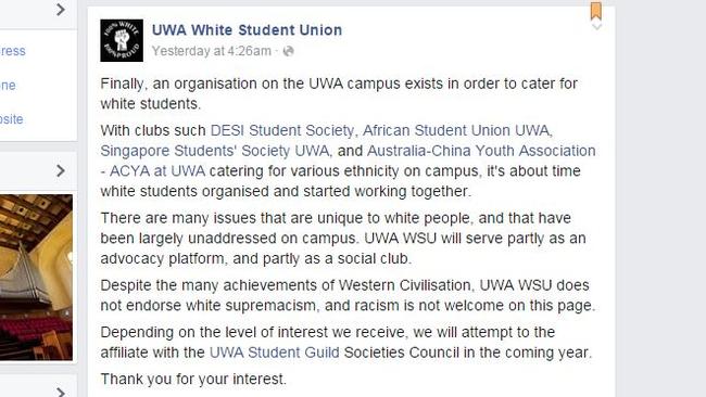 A post on the UWA White Student Union Facebook page.