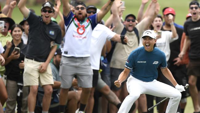 Min Woo Lee celebrates his eagle on the ninth hole. Picture: Scott Davis/PGA of Australia